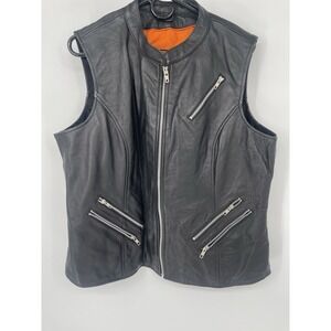First Classics Womens Black Leather Vest Size L   Button Snap  Zipper Pocket